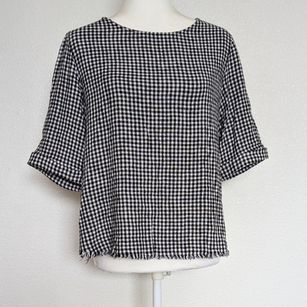 Multiples Black & White Gingham Short Sleeve Fringe Hem Blouse Size Small